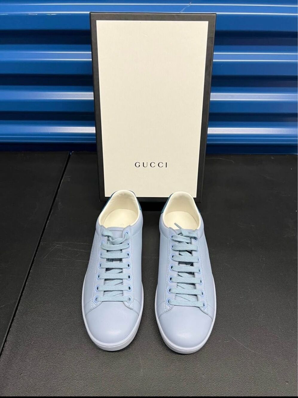 AUTHENTIC GUCCI ACE WOMENS BLUE LEATHER MIRO SOFT SNEAKERS SIZE 37 ITALY